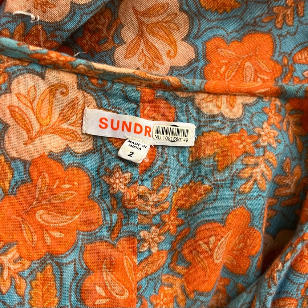 SUNDRY FLORAL MINI SHIFT DRESS SIZE 2 (MEDIUM) SLEEVES ORANGE AND BLUE - Picture 15 of 16